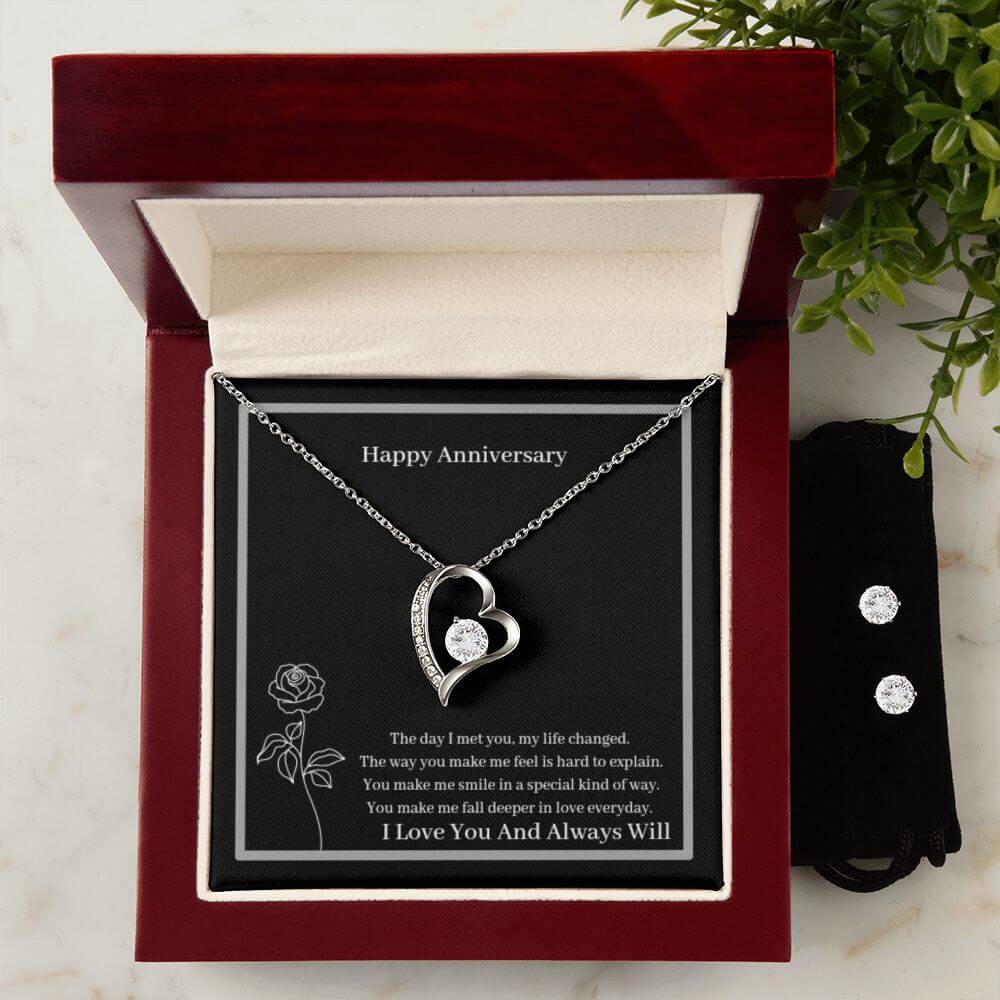 Happy Anniversary Forever Love Necklace + Clear CZ Earrings