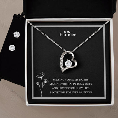 To My Fiancee Forever Love Necklace + Clear CZ Earrings