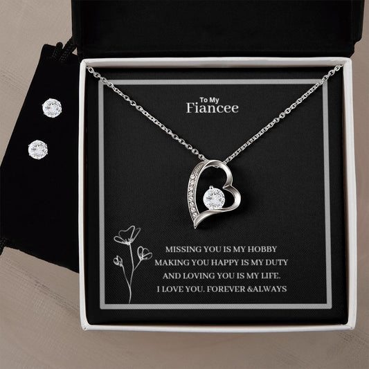 To My Fiancee Forever Love Necklace + Clear CZ Earrings