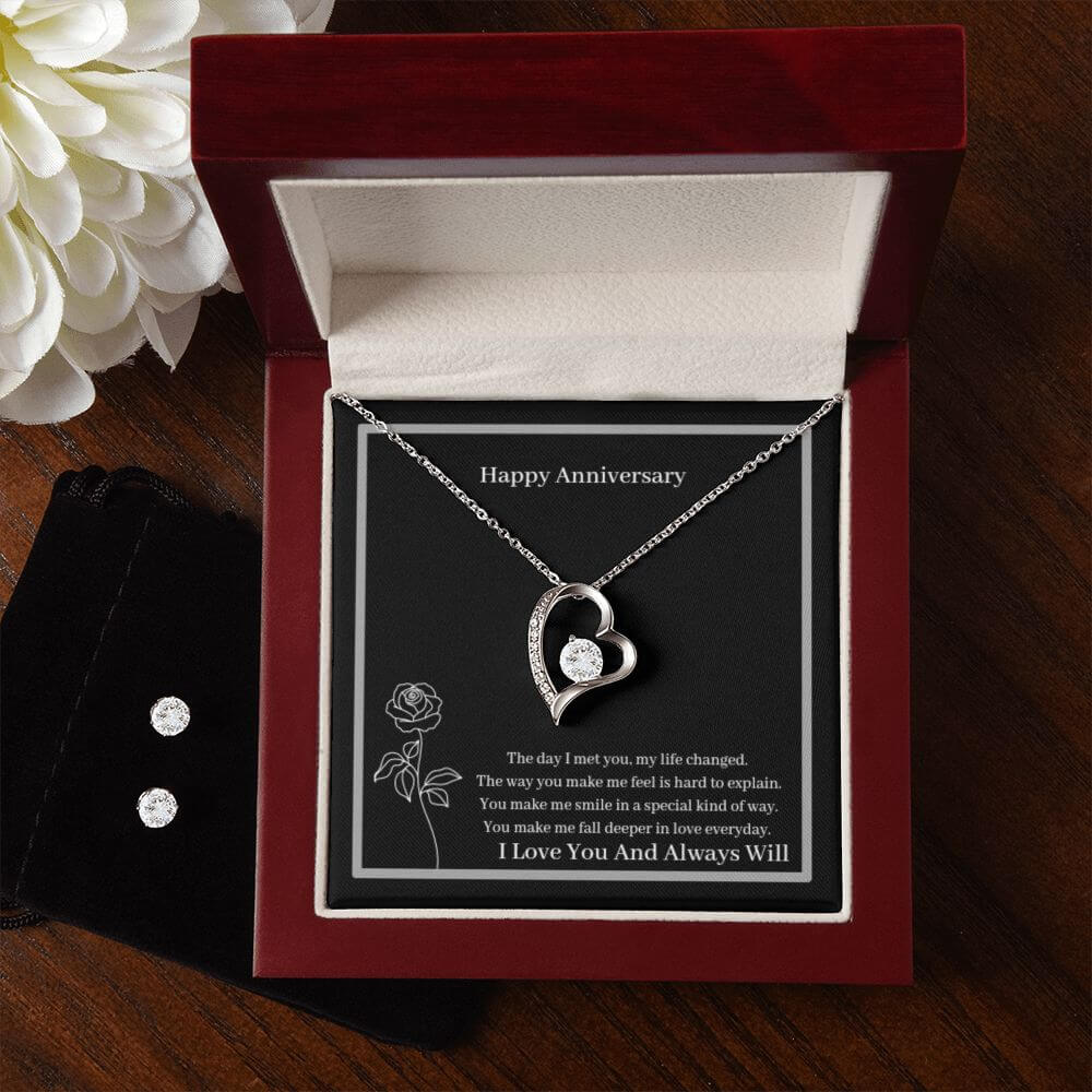 Happy Anniversary Forever Love Necklace + Clear CZ Earrings