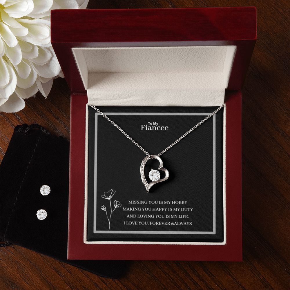 To My Fiancee Forever Love Necklace + Clear CZ Earrings