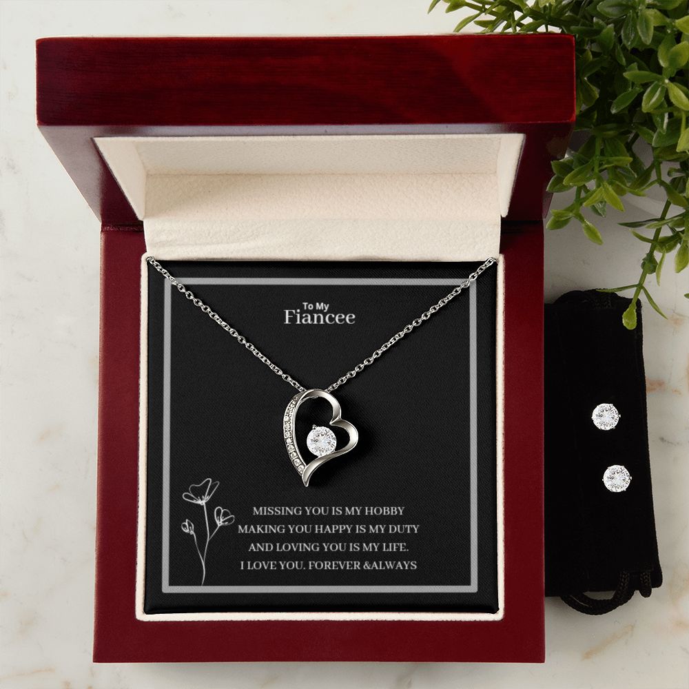 To My Fiancee Forever Love Necklace + Clear CZ Earrings
